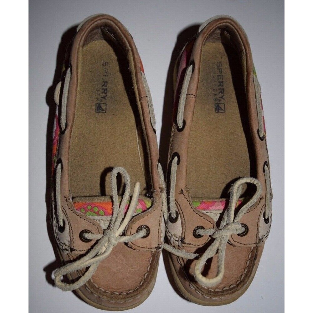 EUC SPERRY TOP SIDER GIRLS ANGELFISH FLORAL BROWN TAN BOAT DECK SHOES SIZE 12.5